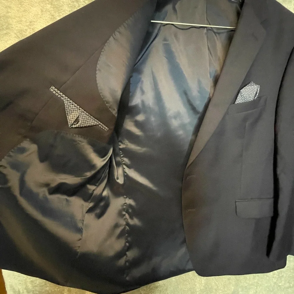 Lauren Ralph Lauren Navy Gold Wool Blend Blazer Jacket Mens 46R Natural Stretch